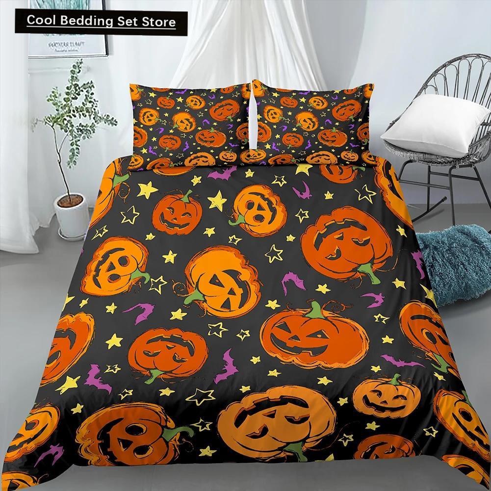 Happy Halloween King Queen Duvet Cover Orange Pumpkin Bedding Set Kids Teens Adults Bats Horror Festival Polyester Quilt Cover