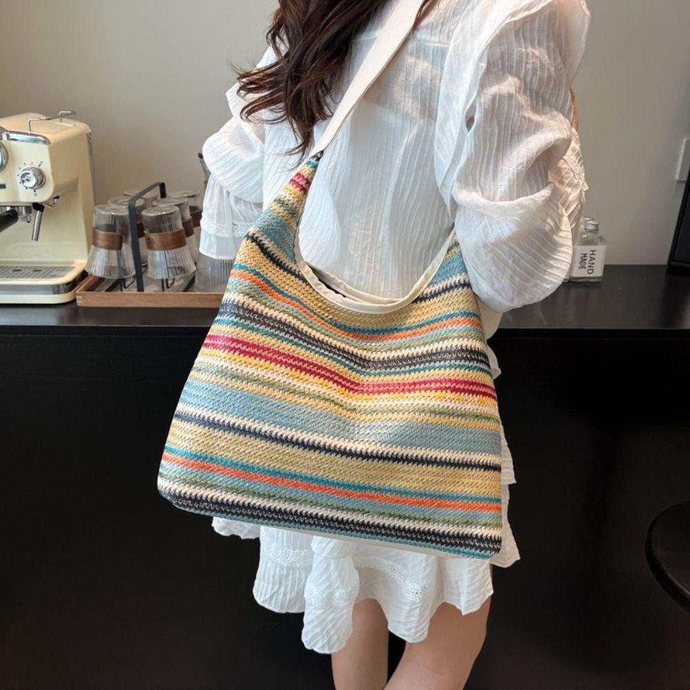 Bohemian Style Rainbow Beach Bag Large Capacity Hollow Tote Bag Fashion Weave Straw Bag  Travel