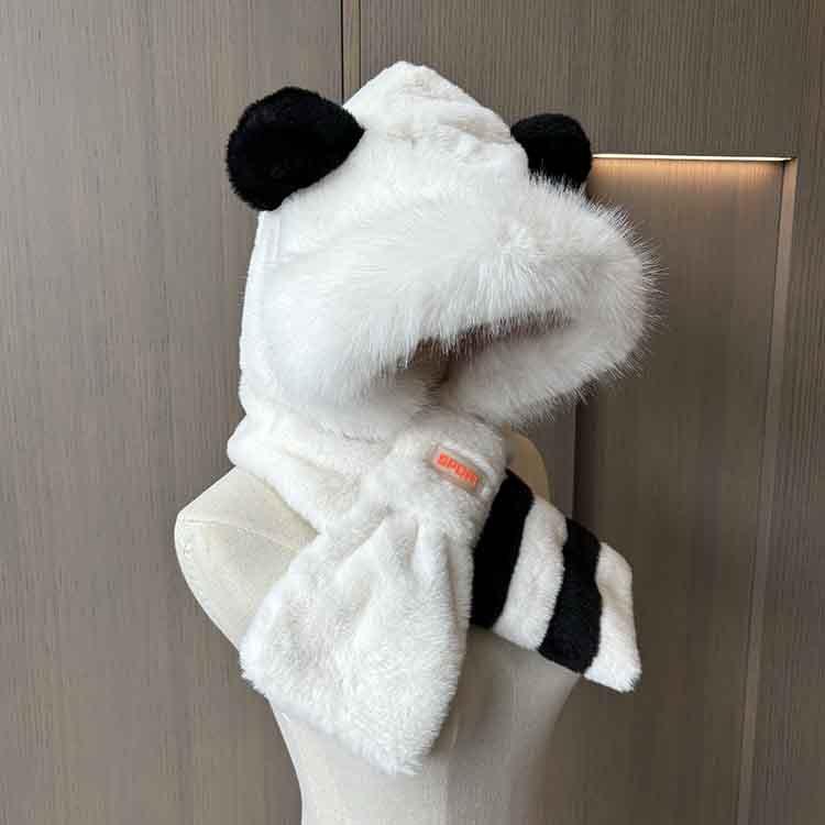 Women's Autumn and Winter Velvet Warm and Cold Ear Protection Hat, Black and White Striped Bear Ear Hat, Scarf Integrated Two-piece Plush Hat
