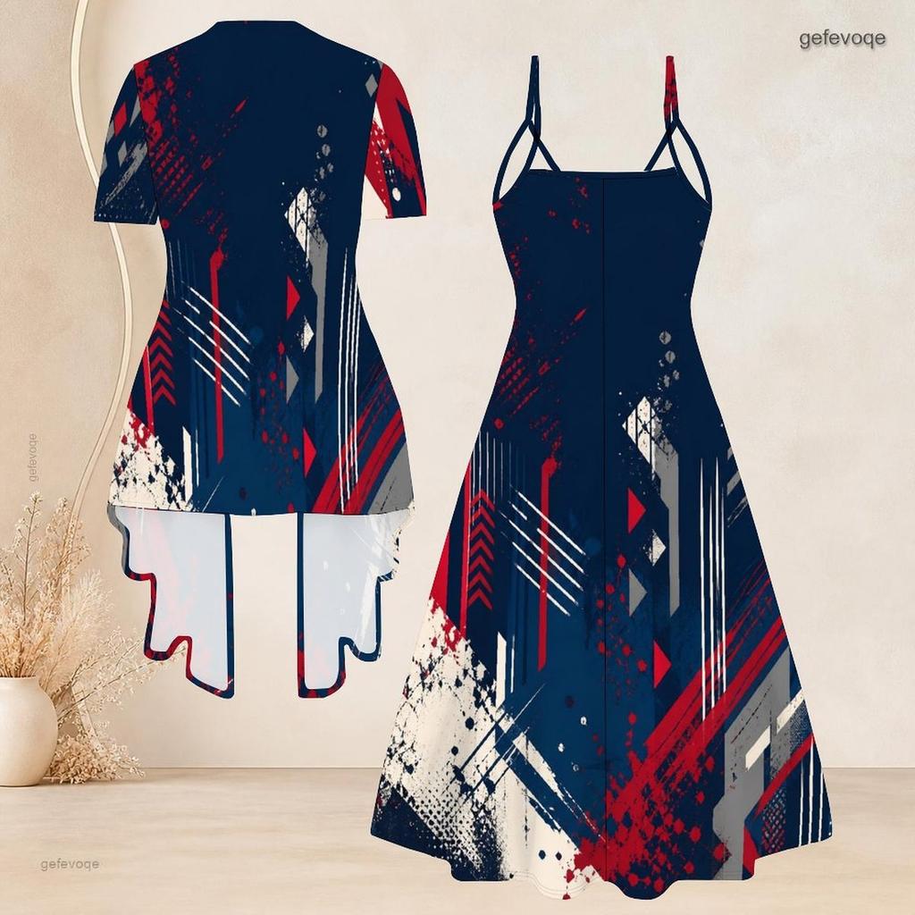 Women Plus Size Printed Two Piece Set Short Sleeve Open Cardigan Strappy V Neck Flared Dress