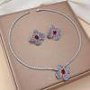 Womens Fashion Floral Pendant Necklace Earring Set With Zircon Crystal Titanium Steel Cross Chain Minimalist Jewelry