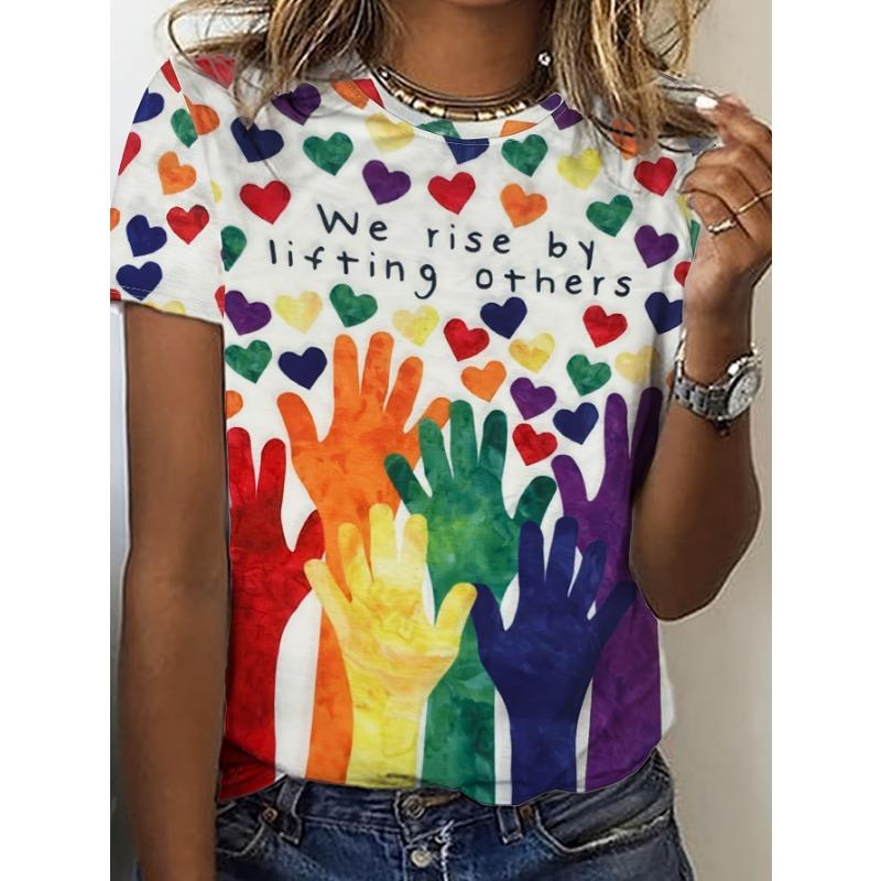 

Heart-shaped printed T-shirt - casual round neck and short sleeves, comfortable daily fashion clothing for women S