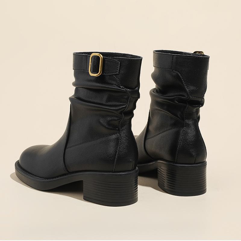This year's popular western style retro pleated boots short boots women's 2025 autumn and winter new round square head thick heel Martin boots
