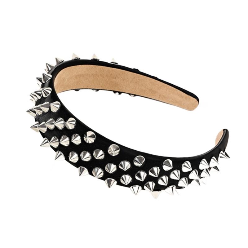 

Faux-Leather Rivets Design Headbands Woman Yoga Makeup Elastic Stretch Headband