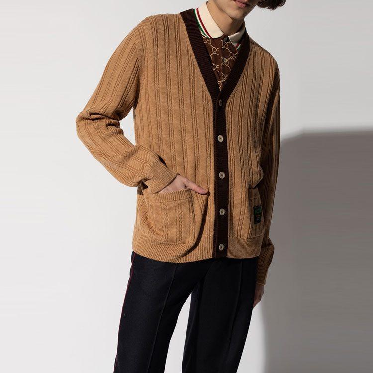 Gucci Sweaters Men's Camel V Neck Moderate Cardigan 646809-XKBQT-2668