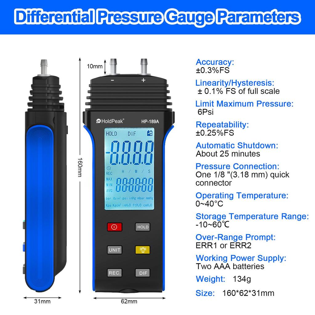 HVAC-Manometer, digitales Gasdruckmessgerät, Differenzdruckmesser, überwacht den Luftstromdruck ± 13,79 kPa/± 2,000 psi