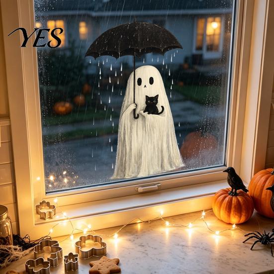 Seasonal Glass Stickers Halloween Witch/Ghost Window Clings, Removable Static Stickers, Waterproof PVC Decals, Fall Festival Ornaments Decorative for