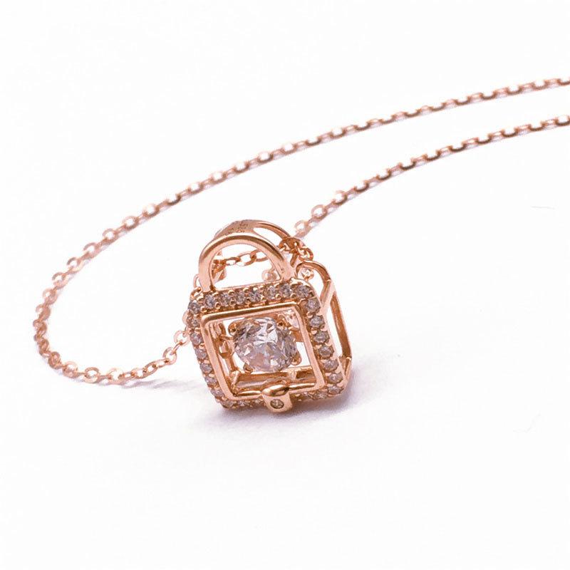 Exquisite Pure Russian 585 Purple Gold Luxury Flash Diamond Opal Lock Sleeve Chain Plated Rose Gold Lifetime Lock Love Necklace