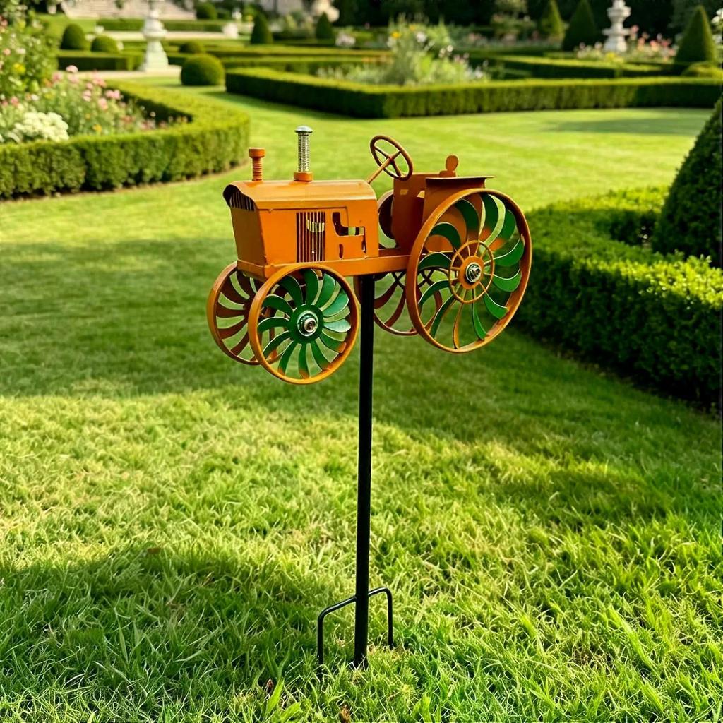 Garden Wind Spinner, Tractor Windmill Stake with Rotating Wheels for Patio Yard Garden, Unique Outdoor Sculptures Ornament Gift for Friends Family