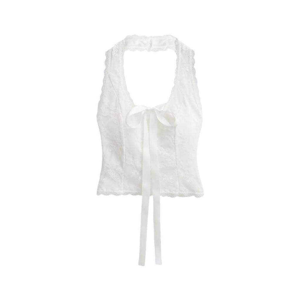American-Style U-Neck Halter Bow Camisole with Chest Pads - Women's Lace Jacquard Slimming Top