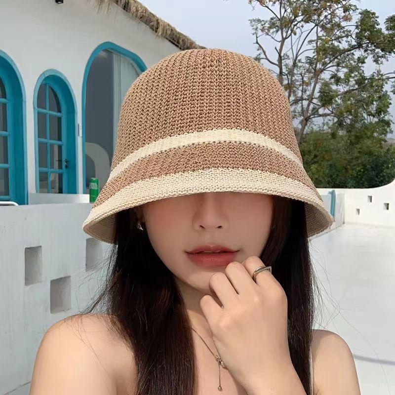 Spring and autumn thin milk silk woven bucket hat contrasting color edge versatile face covering bucket big brim basin hat