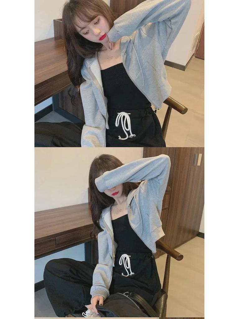 Korean Autumn Womens Hooded Zip Cardigan Thin Solid Color Long Sleeve