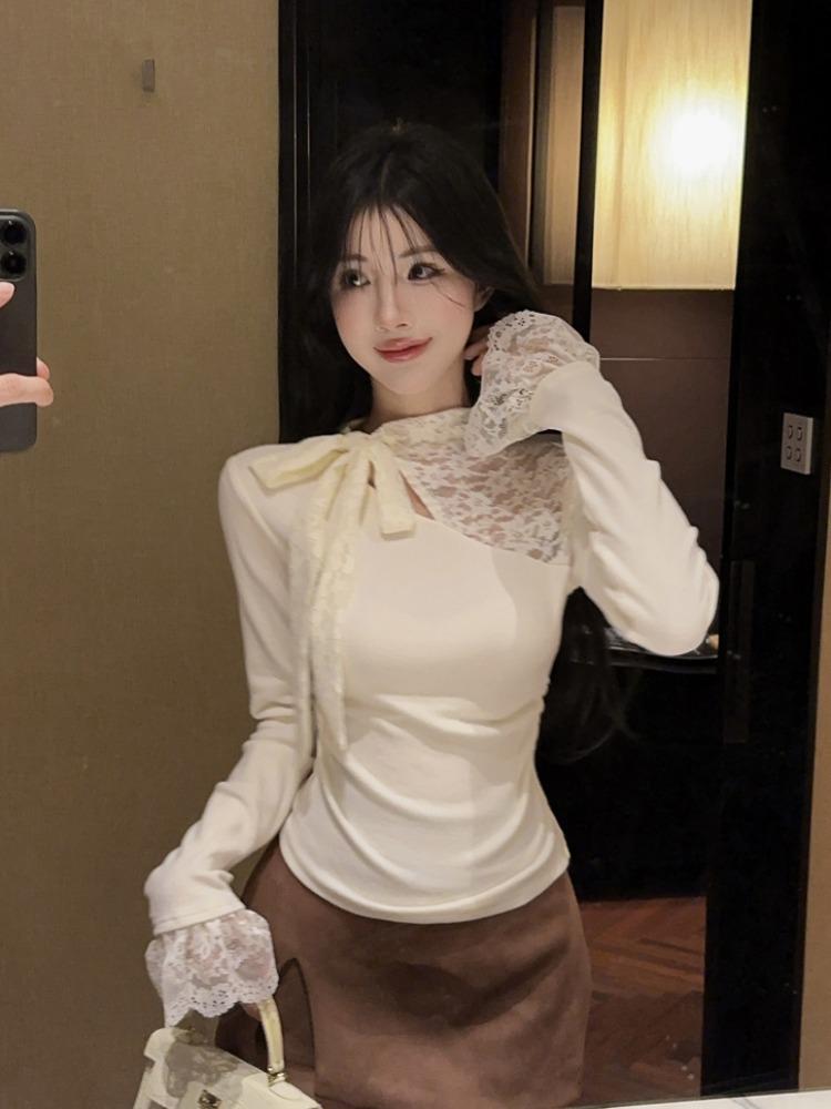 French Style Lace-Up Patchwork Long Sleeve Slim Fit Top