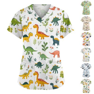 Women V Neck Short Sleeve Scrub Top with Dinosaur Print Two Front Pockets Lightweight Comfortable Fabric