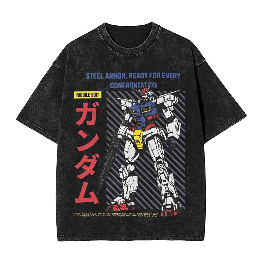 T-shirt Imprimé Graphique Anime RX Gundam Hommes et Femmes T-shirt Lavé Haute Qualité Coton Vintage Harajuku Haut