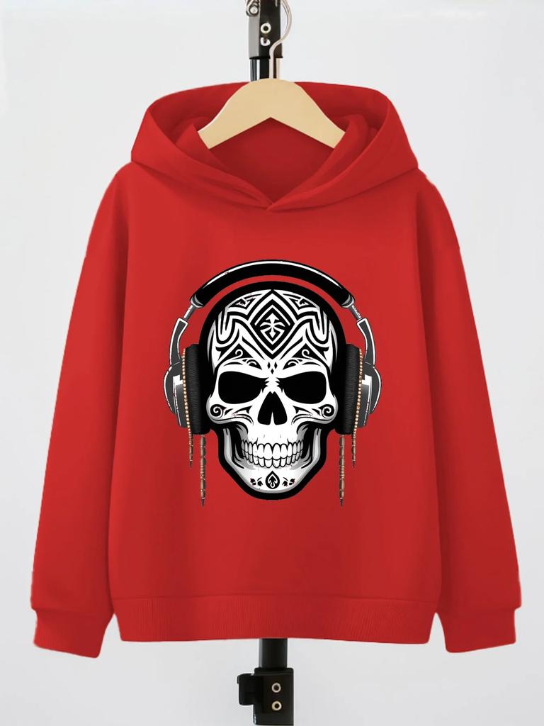 Children Rock‑Style Skull Hoodie Headphone Tribal Art Print Pullover Autumn Winter Fleece Warm Trendy Boys Hooded Sweatshirt