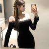 French Niche High-end Sense Sexy One-word Shoulder Lace Splicing Pure Desire Spice Girl Royal Sister Style Slim-fitting Hip-wrapped Dress