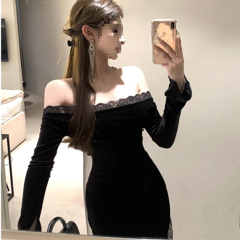 French Niche High-end Sense Sexy One-word Shoulder Lace Splicing Pure Desire Spice Girl Royal Sister Style Slim-fitting Hip-wrapped Dress