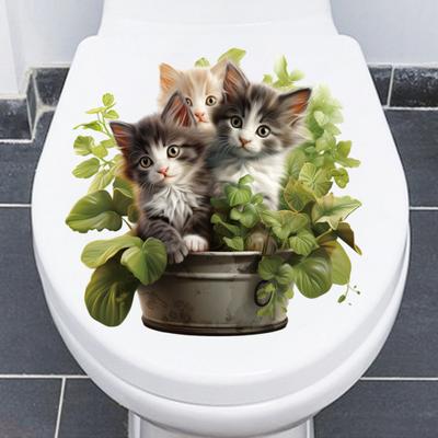 Toilettenaufkleber, grüne Pflanze, Katzenmuster, Toilettendeckelaufkleber, eleganter Wandaufkleber für die Badezimmerdekoration zu Hause