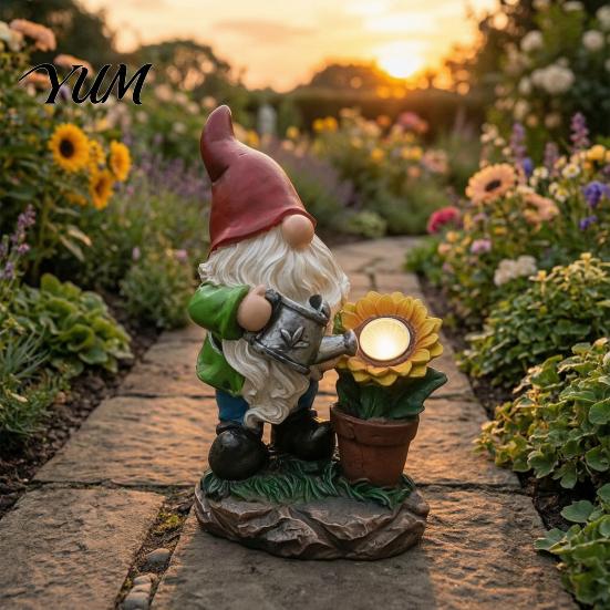 Realistic Resin Gnome Sculptures Solar Sunflower Garden Statue with LED Lights, Waterproof Figurine Gifts for Lovers Outdoor Patio Yard Lawn Decor And