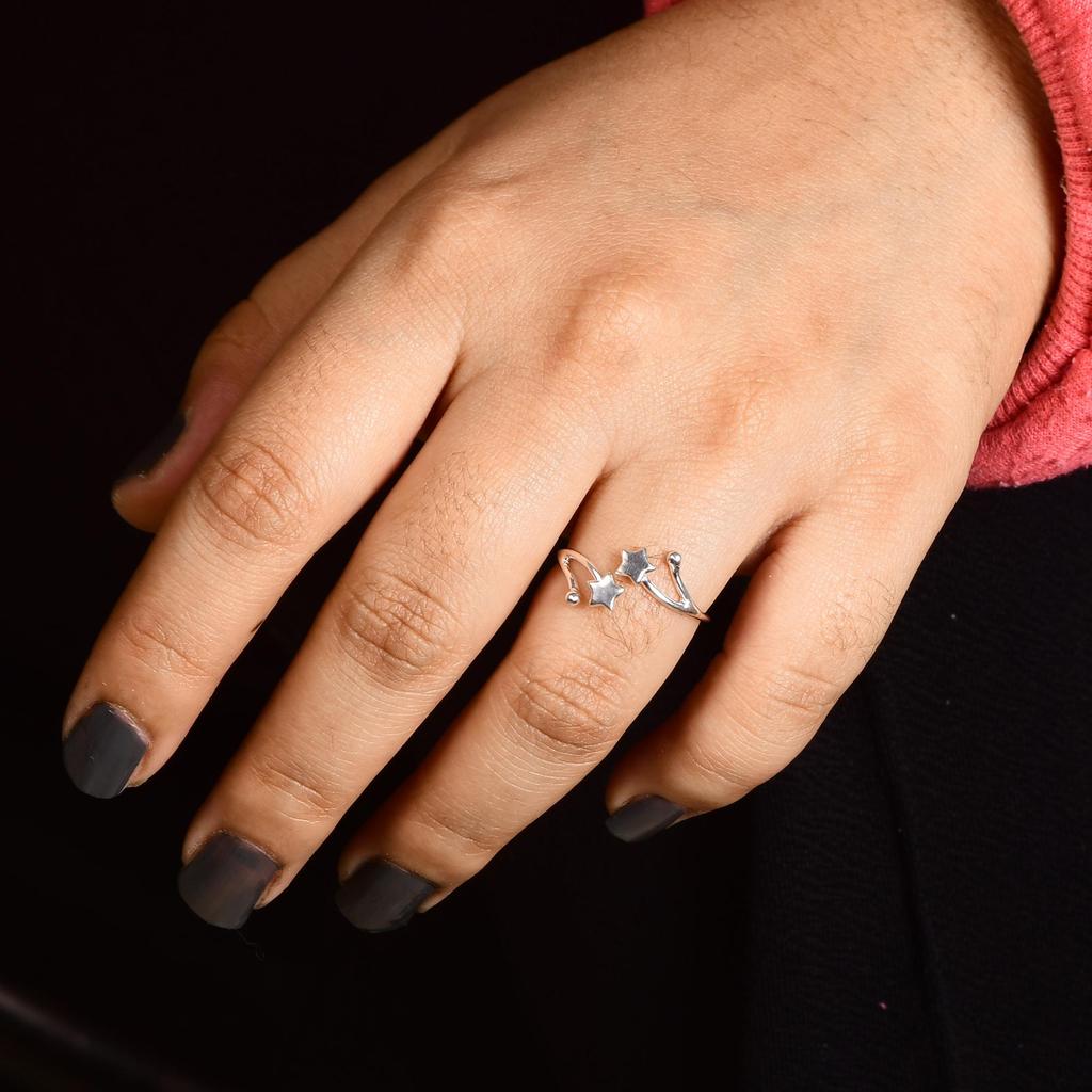 Double Star Adjustable Ring in 925 Sterling Silver | Minimal Celestial Open Ring | Star Symbol Silver Jewelry | Gift for Her