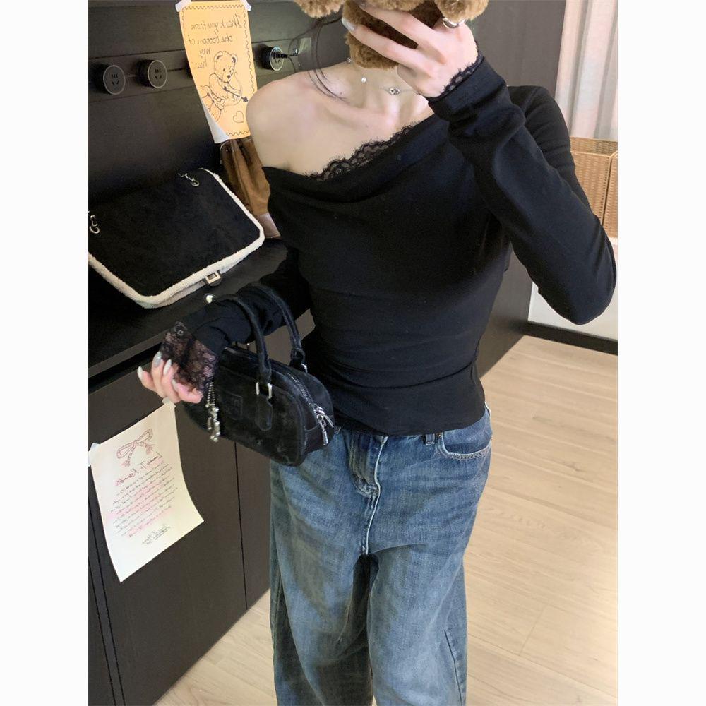Women's Slim Fit Lace Splicing Long Sleeve Top for Autumn/Winter