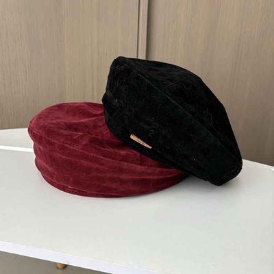 Versatile Leather Label Suede Beret Women'S Autumn And Winter Retro Brown Bud Hat Fashion British Style Painter Hat