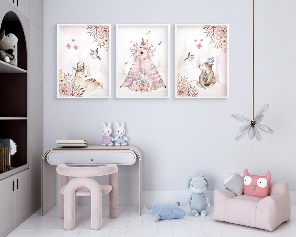 Plakaty dziecięce Zestaw Las Boho Pastelowy róż Obrazy dla dzieci 50x70
