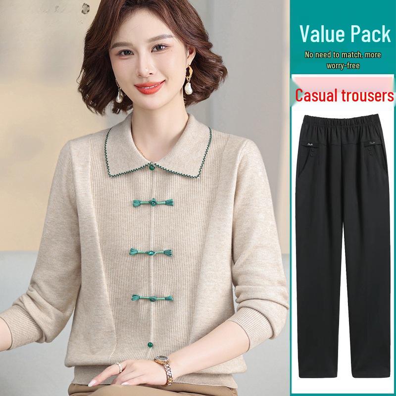Elegant Autumn Knit Top & Sweater Set for Middle-Aged and Elderly Women