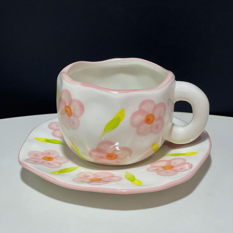 Hand Painted Blue Sky White Clouds Coffee Mug with Saucer Ceramic Handmade Tea Cup Saucer Set Lovely Gift Irregular Coffee Mug