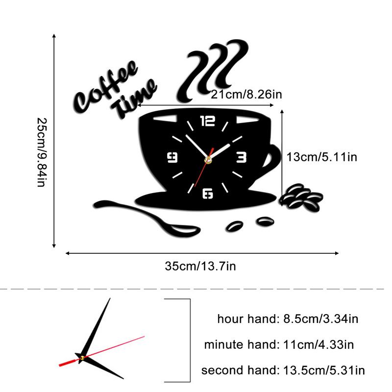 Horloges Murales 3D Miroir en Forme de Tasse à Café Design Moderne Autocollant d'Horloge Murale Créative Pour DIY Cuisine Salon Décorations de Maison