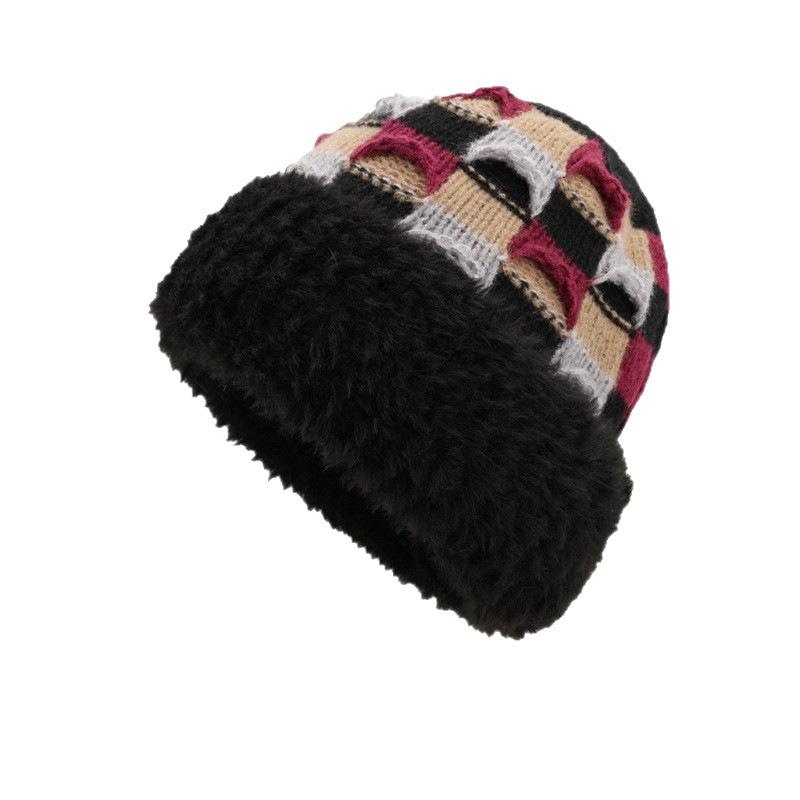 Neuer Damen Herbst- und Winterwollhut Farbspleißung Verdickte Strickmütze Plüsch Warm Mode Vielseitig Kaltmütze Großhandel