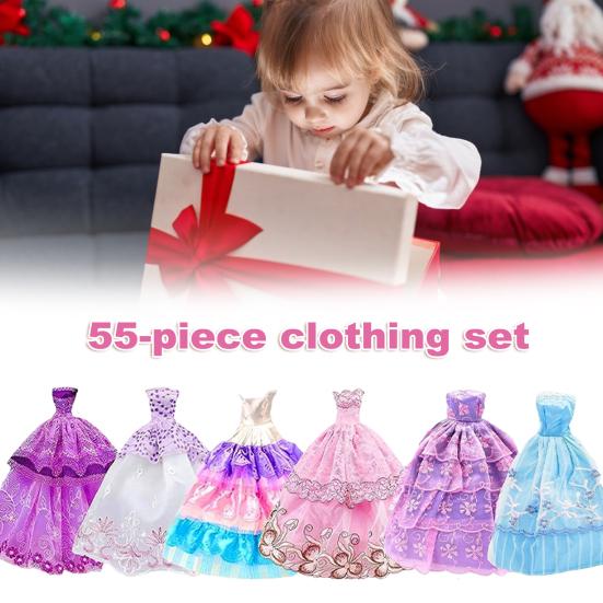 56Pcs Doll Clothes And Accessories Set Handmade Fashion Dresses Gowns Casual Outfits Top Pant Swimsuit Shoes Necklace Glasses Toys