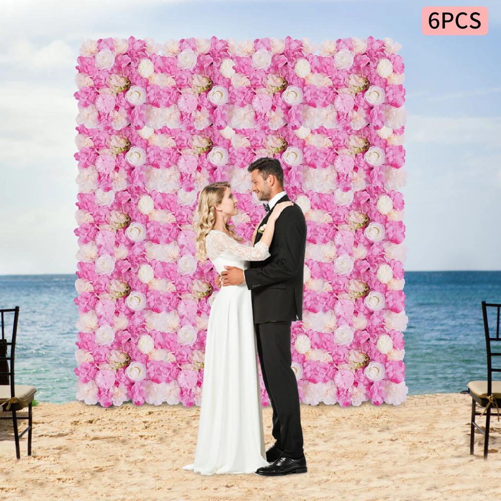 6Pcs Artificial Flower Wall Panels, 15x15In 3D Rose Hydrangea Dahlia Floral Mat, Pink White Faux Flowers for Wedding, Home Decor