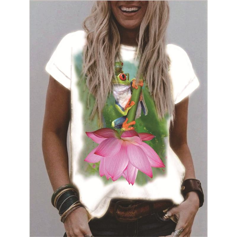 Summer Round Neck 3D Flower Print Top Fashionable Casual Short Sleeved Women's T-shirts