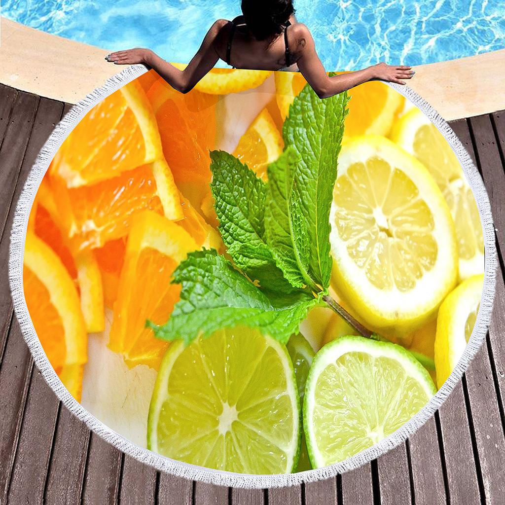 Fresh Fruit Lemon Round Beach Towel Microfiber Circle Towel Picnic Mat Absorbent Meditation Rug Yoga Mat Throw Fringe Tapestry