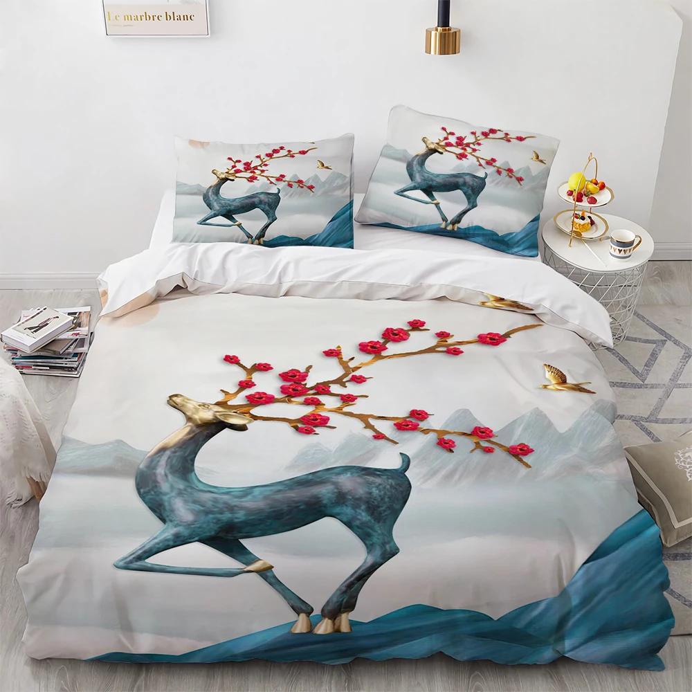 Cartoon Elk Duvet Cover King Queen Size Golden Deer Pattern Bedding Set for Teens Adults Wild Buck Quilt Cover with Pillowcase