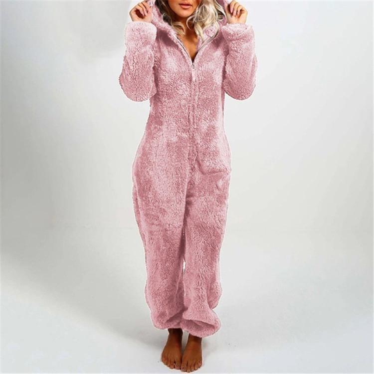 2025 European & American Autumn/Winter Women's Fleece-Lined Fur Jumpsuit Pajamas, Hooded, Available in 17 Colors