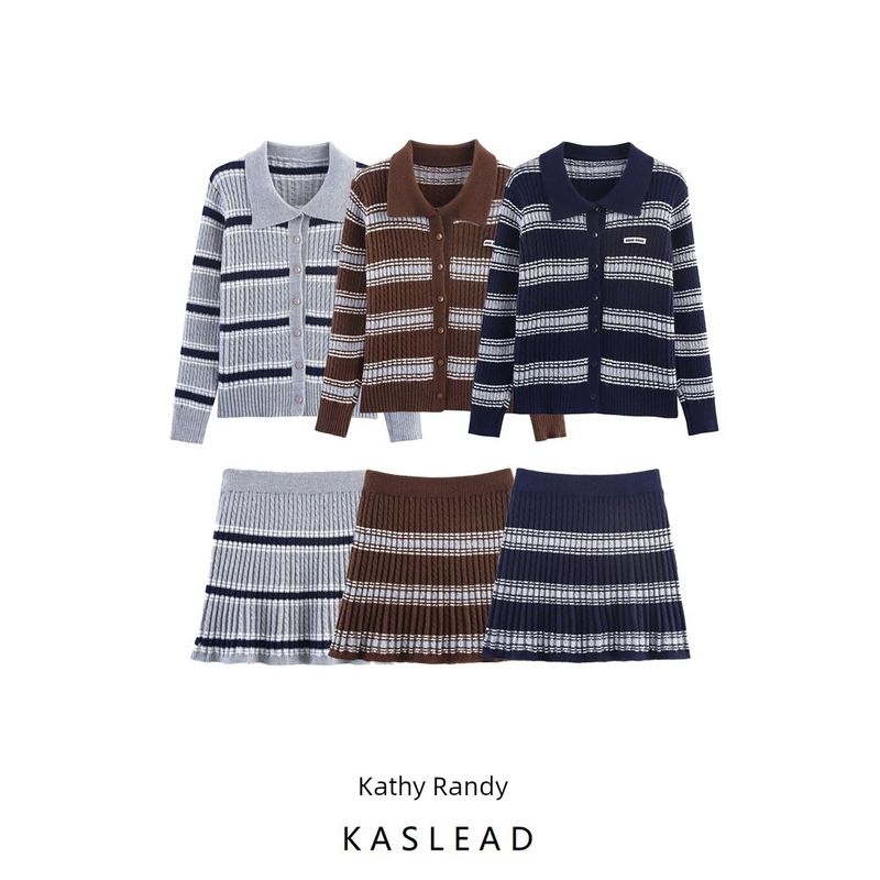 Kaslead New Women Clothes Western Style Fashion Stripe Cardigan Top Skirt Set