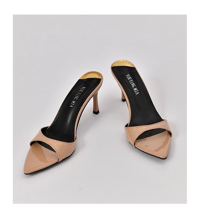 Fashion Summer 2025 New Pointed High Heels with Thin Heels Half Slippers Women's Lacquer Leather Bare Color Versatile Simple Sandals