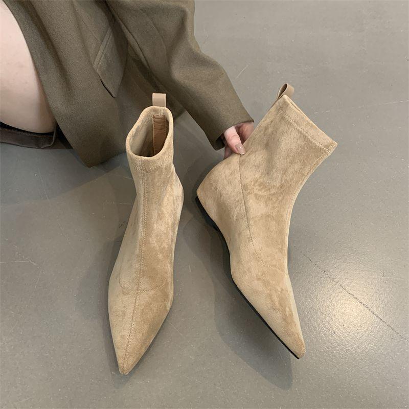 Skinny boots short boots suede British style year matte socks boots flat bottom niche pointed retro design sense