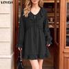 Women Lapel Neck Long Sleeve Lacing Ruffled Casual Tunic Mini Dress