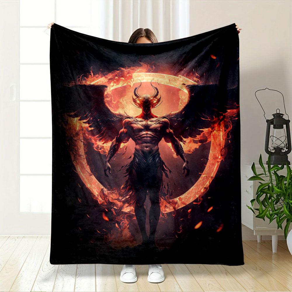 Fiery winged figure with a glowing circular flame backdrop. for all seasons blanket lunch break throw gift