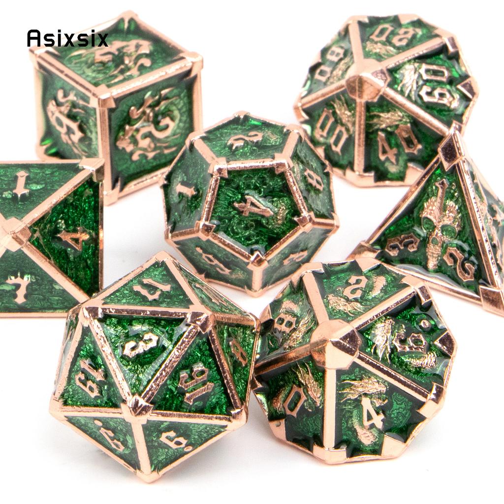 7 Pcs Green Golden Skull Metal Dice Solid Metal Polyhedral Dice Set Suitable for Role-Playing RPG Board Game Card Game