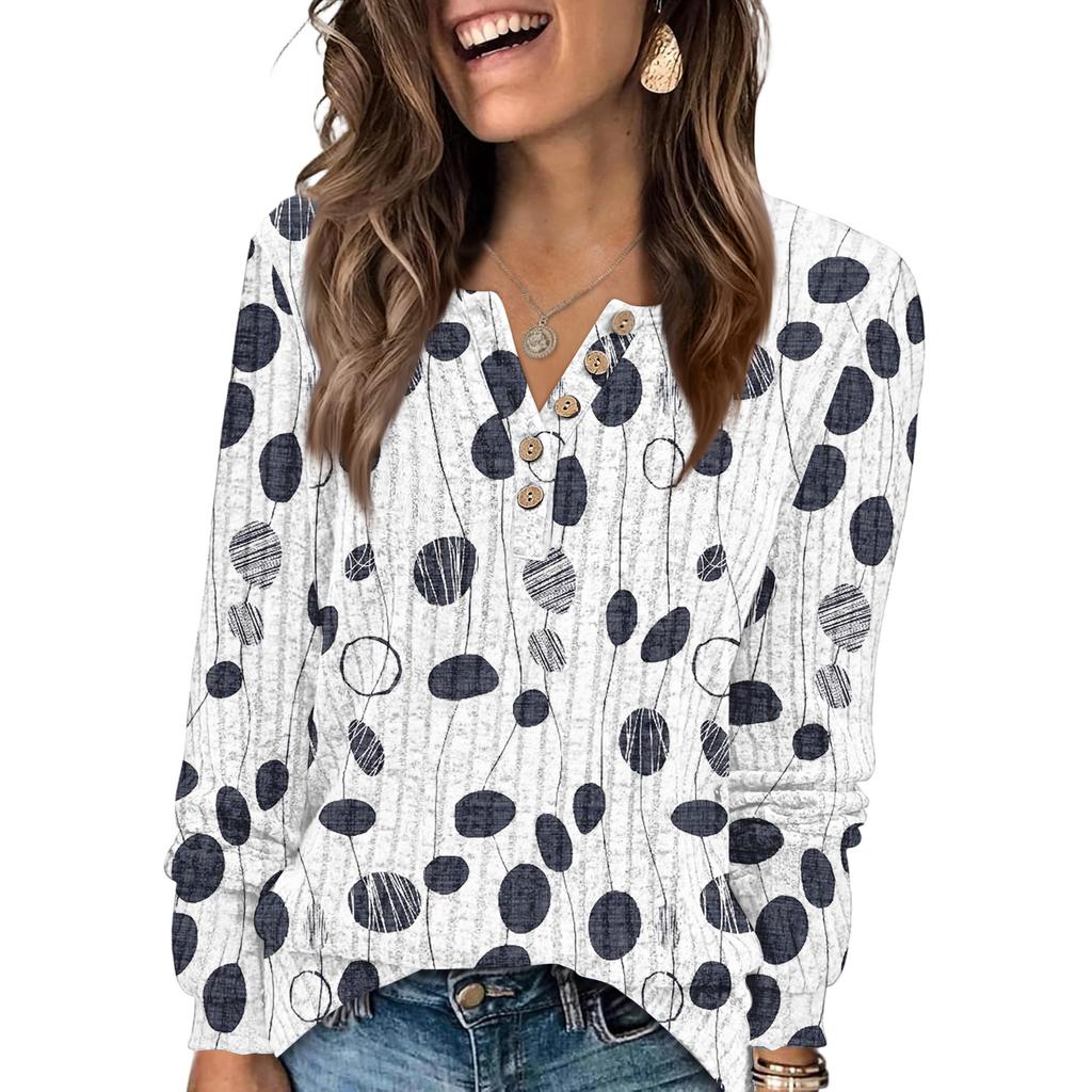 Women's Fashion V-Neck Button-Up T-Shirt With Floral Print Long-Sleeved Top