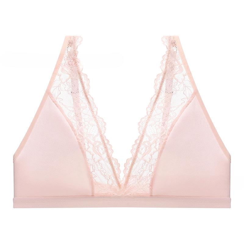 

Женский кружевной бюстгальтер с глубоким V-вырезом, тонкое дышащее беспроводное нижнее белье большого размера, пуш-ап, майка L розовый
