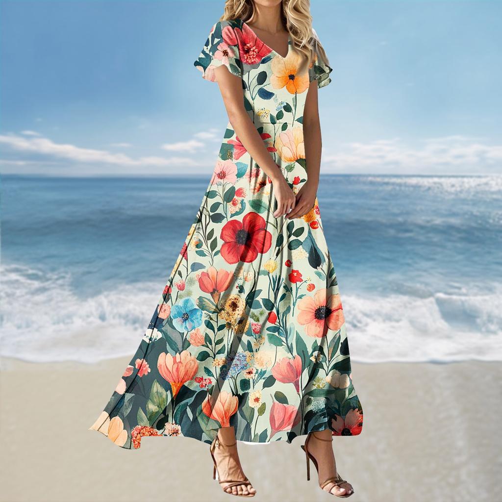 Women's Loose Casual V-Neck Short Sleeved High Waisted Print Dress