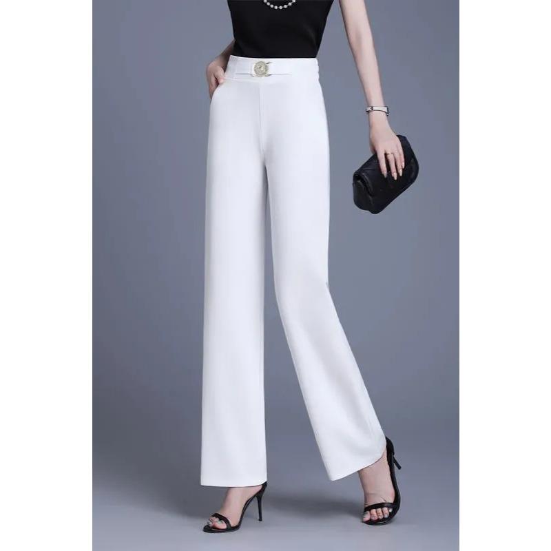 

Women s High-Waist Wide-Leg Pants - Embellished Buckle Office Casual Trousers S білий