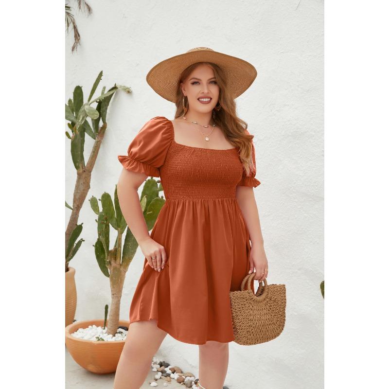 Plus Size Women's Plus Size Solid Color Casual Vacation Travel Square Neck Bubble Sleeve Dresses