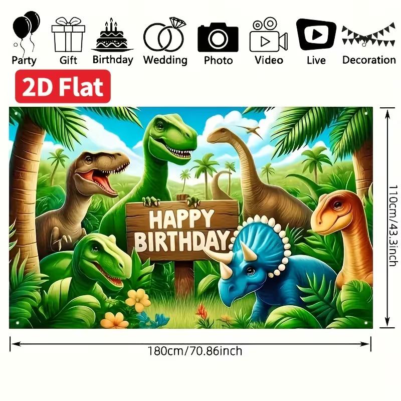 Bright Color Dinosaur Birthday Backdrop, Tropical Palm Tree Jungle Party Background for Birthday Photoshoot Wall Decor